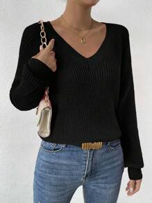 EMERY ROSE V Neck Raglan Sleeve Ribbed Knit Sweater,Long Sleeve Tops Knit Pullover Fall Winter Sweater - Black - View 4