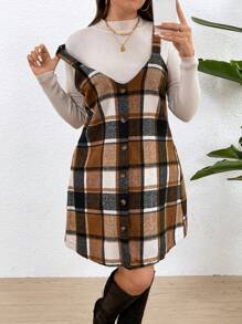 SHEIN Franclia 大尺碼女士格紋連身裙 - 彩色 - 查看 5