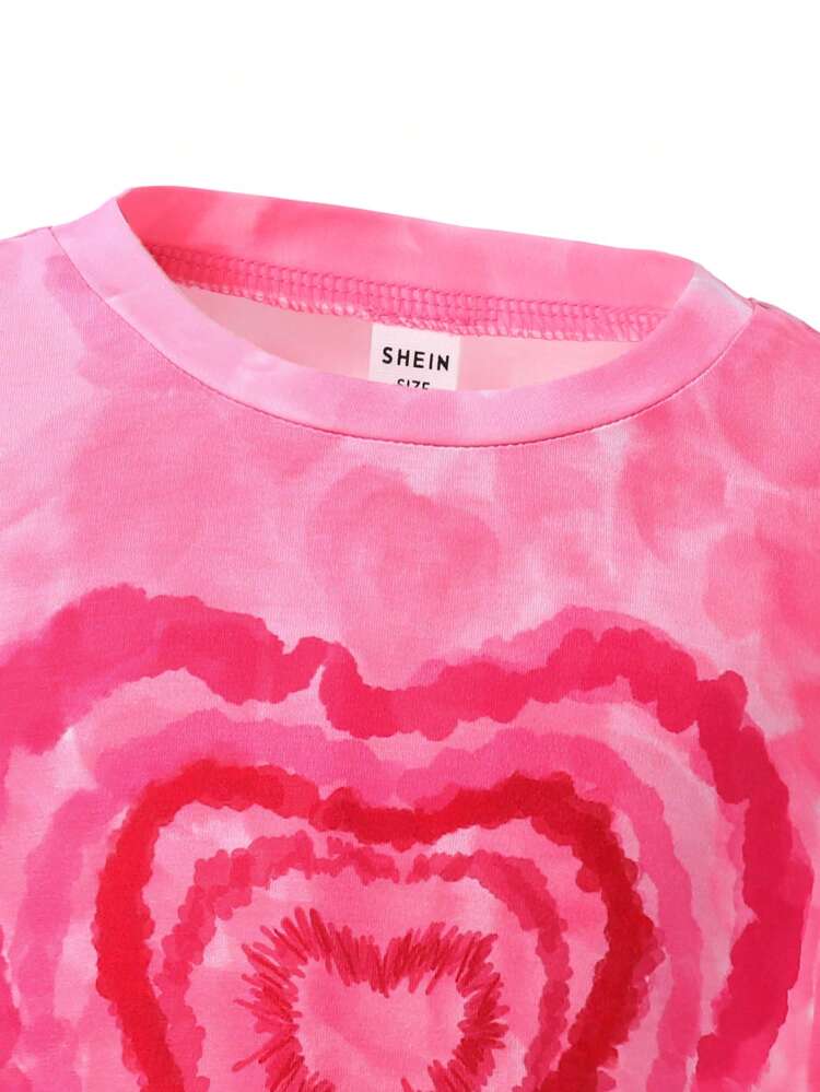 2pcs Teen Girls' Heart Print Short Sleeve T-Shirt And Utility Cargo Pants