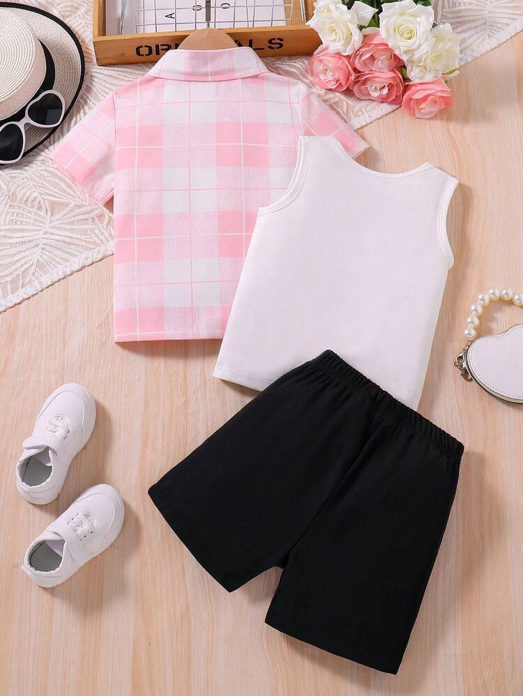 Little Girls' Casual Plaid Shirt, White Knit T-Shirt And Shorts 3pcs Set For Spring/Summer
