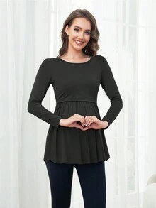Maternity Spring Autumn Long Sleeve Breastfeeding Round Neck T-Shirt - Black - View 6