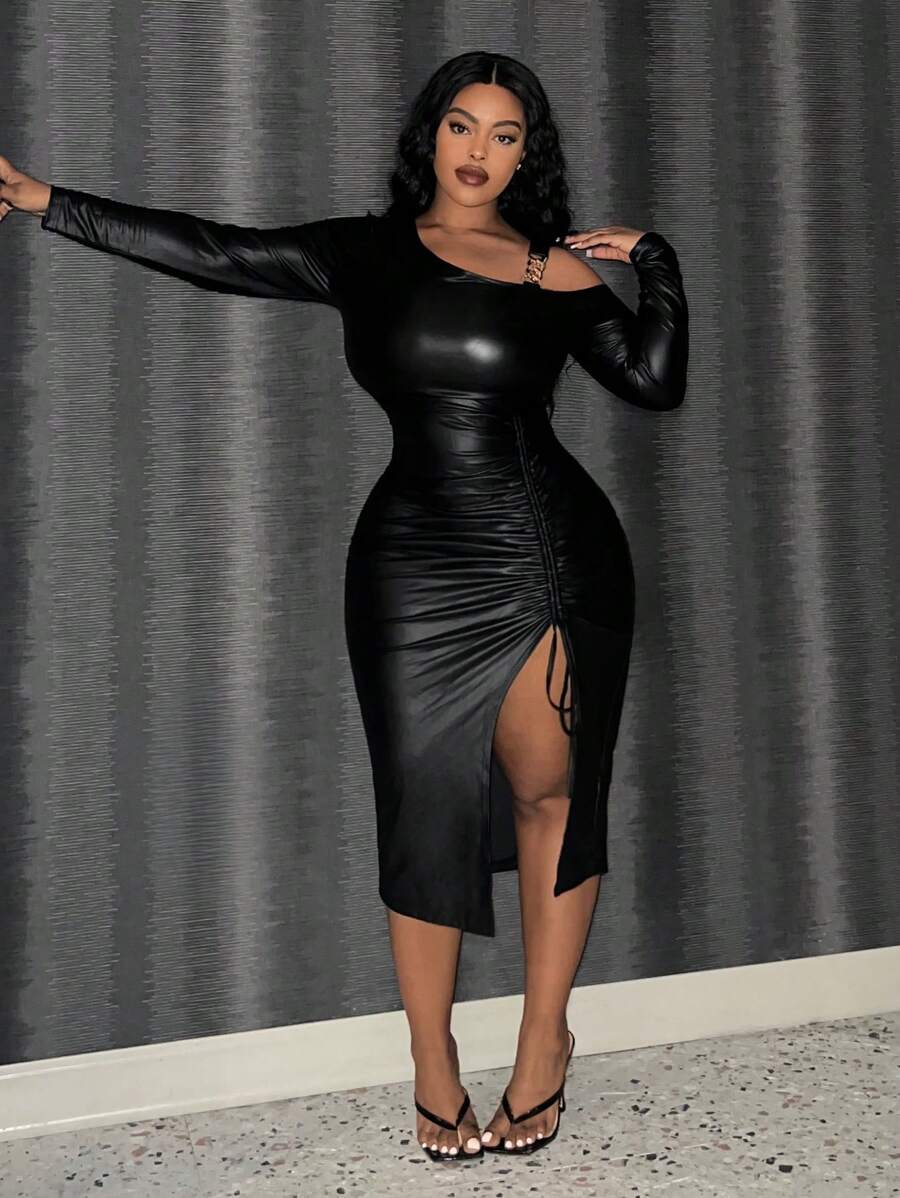 Slaydiva Kích thước lớn Bất đối xứng Vòng cổ Dây rút Cao Bên Khe Da giả Đầm - màu đen - Xem 1