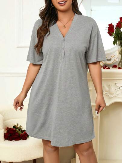 Plus Size Solid Color Loose Casual Sleep Dress Pajama Dress