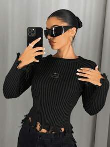 SHEIN ICON Distressed Knit Raglan Sleeve Sweater,Long Sleeve Tops In Fall/Winter - Black - View 3
