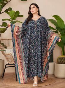 Al Najma Vestido De Talla Grande De Manga Murciélago Con Estampado Floral Para Mujer - Azul - Ver 4