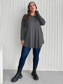 RueChic Plus Size Women's Asymmetrical Hem Long Sleeve T-Shirt - Baby Blue - View 2