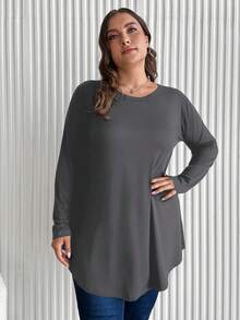 RueChic Plus Size Women's Asymmetrical Hem Long Sleeve T-Shirt - Baby Blue - View 3