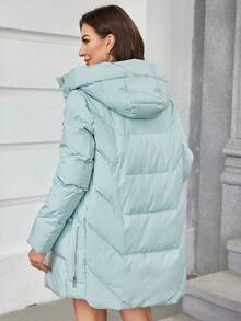 女士休闲纯色抽绳连帽棉服外套，冬季外套 - 薄荷綠 - 查看 4