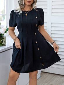 Calvaya Plus Size Solid Color Dress With Button Detailing - Black - View 6