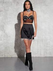 SHEIN Haute Pha lê Cắt tỉa Chấm Lưới Áo lót - màu đen - Xem 4