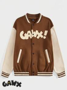 GAWX Hombres Chaqueta universitaria con estampado de letra y ribete de rayas con hombros caídos - Caqui - Ver 1