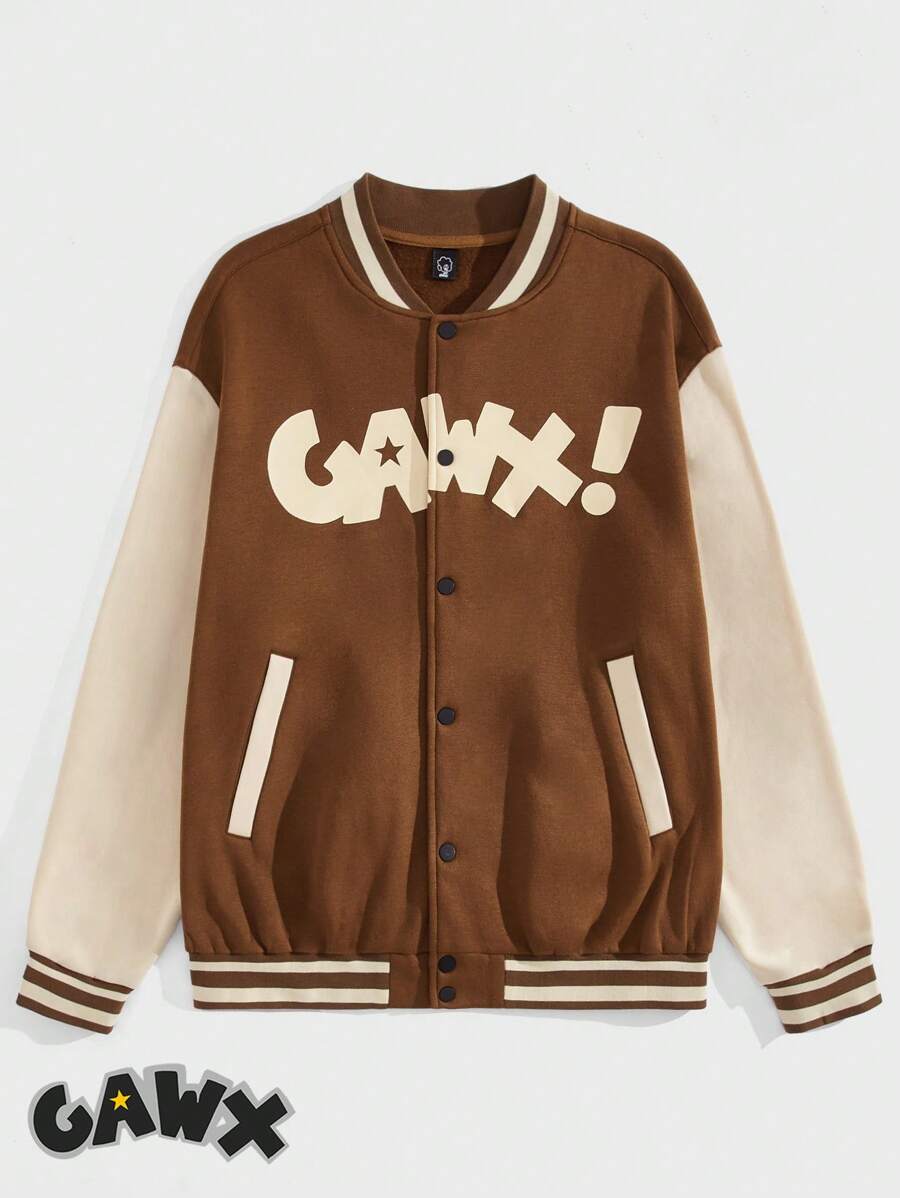 GAWX Hombres Chaqueta universitaria con estampado de letra y ribete de rayas con hombros caídos - Caqui - Ver 1