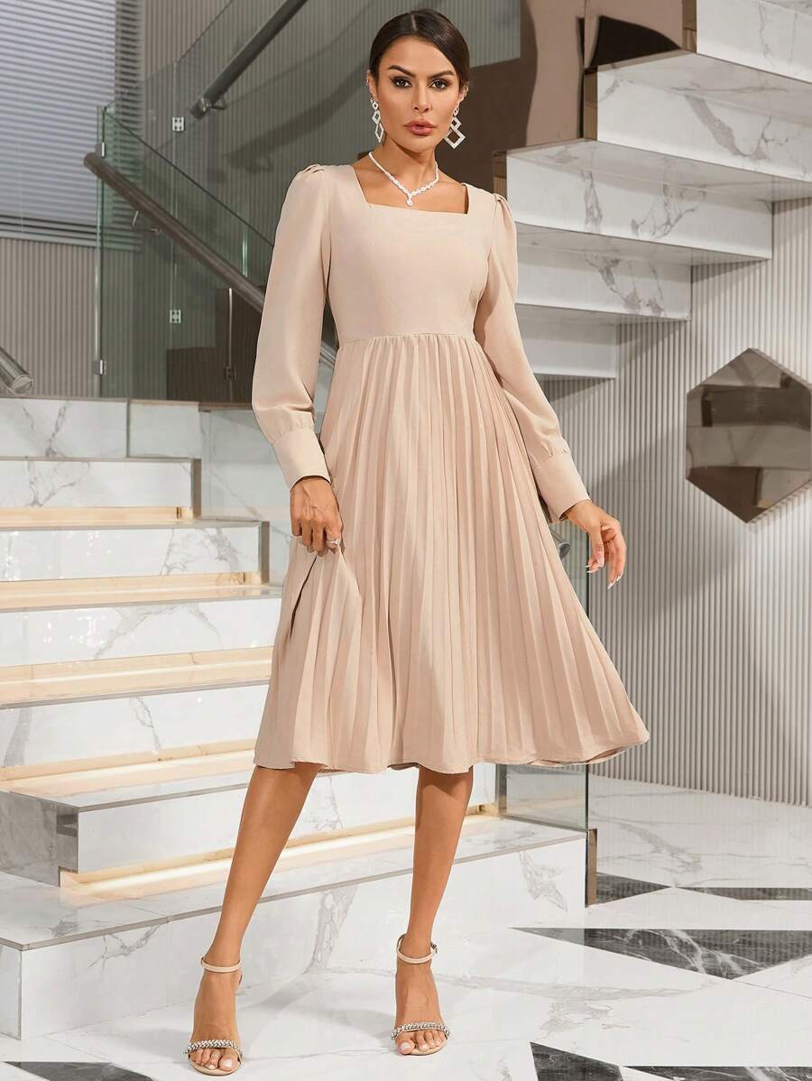 SHEIN Privé Vestido Largo De Manga Larga De Color Sólido Con Dobladillo Plisado - Albaricoque - Ver 1