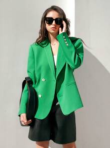 Anewsta Ladies' Solid Color Shawl Collar Double Breasted Blazer - Green - View 5