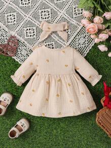 SHEIN Baby Girls' Simple & Cute Plant Printed Dress - Apricot - View 2