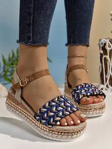 Của phụ nữ Kích thước lớn Phong cách Bohemian Dệt Rơm rạ Dây thừng Dép xăng đan Với Kim loại Đồ trang trí , Chóp giầy mở ra , Khóa dây đeo , Và Giải trí , Hoàn hảo Đối với Ngày lễ Và Các bữa tiệc , Nêm Gót chân , Dày Đế - Nhiều màu - Xem 4