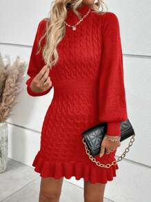 SHEIN Privé 時尚女式絞花針織毛衣洋裝 - 紅色 - 查看 1