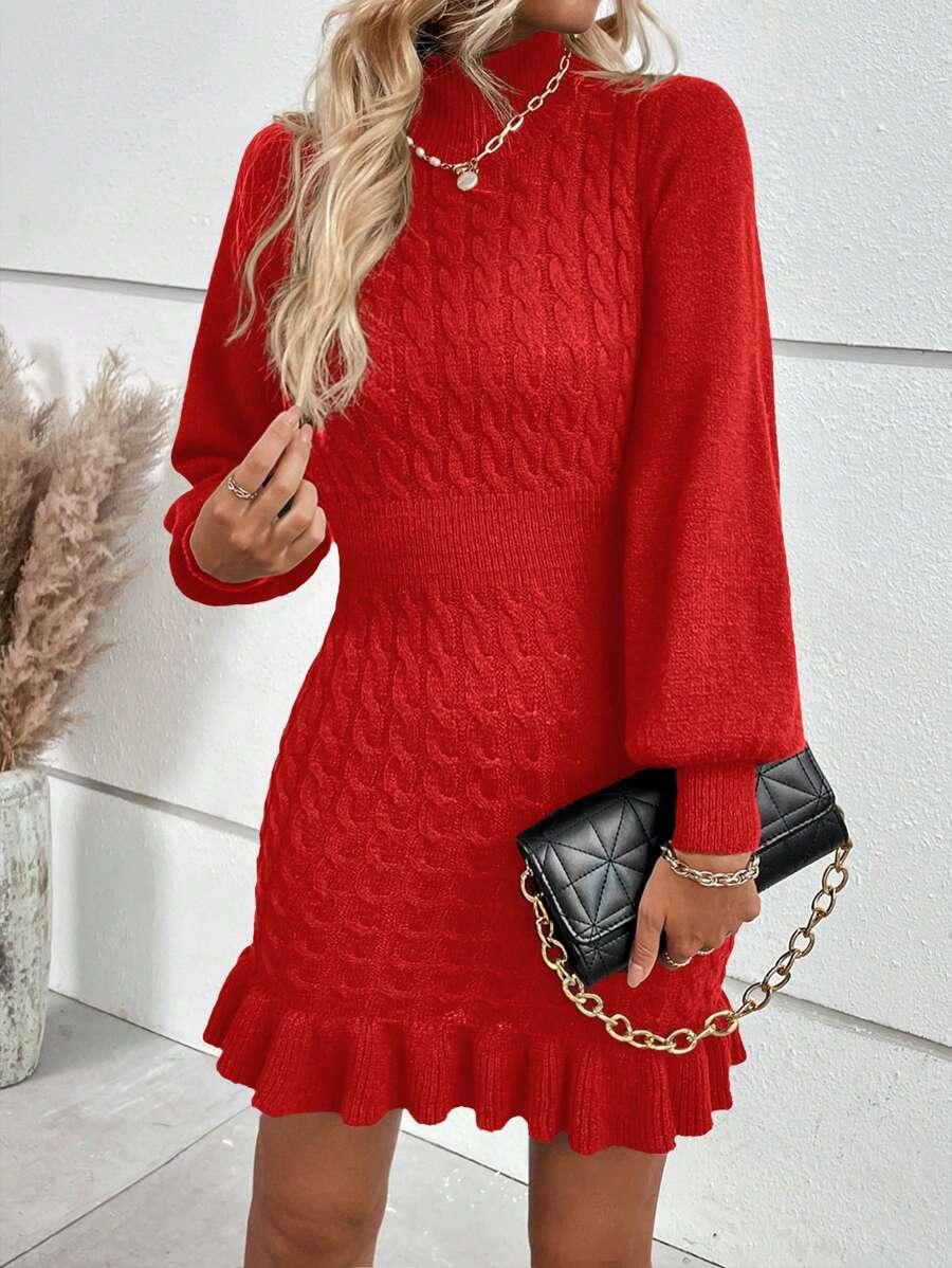 SHEIN Privé 時尚女式絞花針織毛衣洋裝 - 紅色 - 查看 1