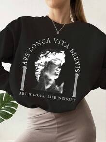 SHEIN EZwear 女士字母印花運動衫 - 黑色 - 查看 1