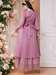 Modelyn 女士水钻装饰腰带长袖连衣裙长款晚礼服