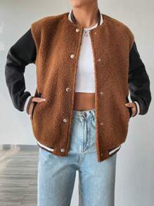 SHEIN Unity Color-Block Lamb Fur Patchwork Jacket Fall Cloth For Women ...