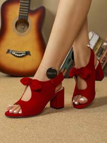 Qin TiNian （宽松版型）女士露趾蝴蝶结中跟休闲简约舒适红色婚礼派对易搭配高跟凉鞋 - 紅色 - 查看 1