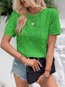 SHEIN LUNE Blusa De Lentejuelas De Manga Corta - Verde - Ver 4