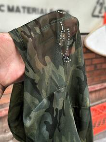 SHEIN EZwear Camouflage Knitted Ladies Top With Rhinestone Decor - Multicolor - View 7