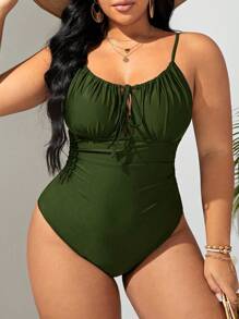 Swim Basics Traje De Baño De Una Pieza De Talla Grande Con Nudo En La Parte Delantera Y Copas Fruncidas