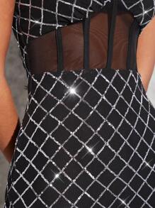 SHEIN Unity 亮片格纹网眼拼接性感吊带连衣裙 - 黑色 - 查看 4