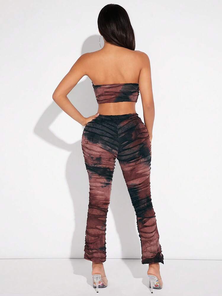 Women's Tie-Dye Hollowed Out Strapless Crop Top And Long Pants Two Piece Set