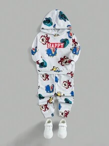 SHEIN 男童可愛舒適的卡通動物頭連帽衫和針織褲套裝 - 淺灰色 - 查看 1