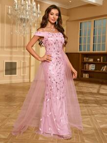 Glitter Mesh Splicing Formal Evening Gown - Pink - View 6