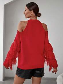 SHEIN LUNE Suéter feminino de tricô com ombros à mostra e franjas. Ideal para outono e inverno. - Vermelho - Ver 2