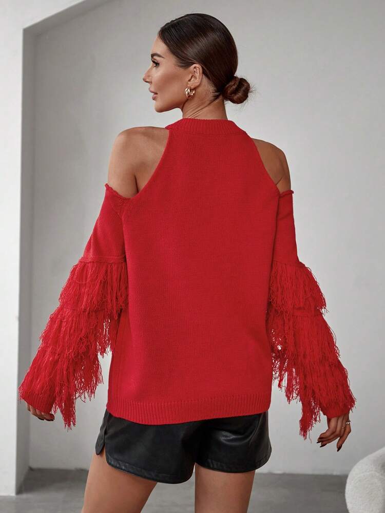 Women's Cold-Shoulder Tassel Knit Pullover Fall Winter Sweater