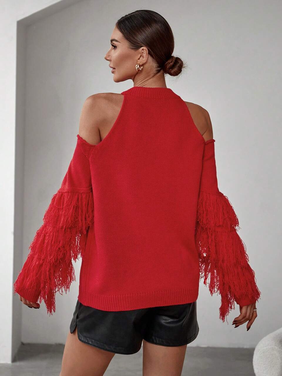 Women's Cold-Shoulder Tassel Knit Pullover Fall Winter Sweater