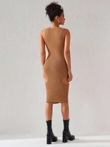 Queen Is The Title Designer Solid Cut-Out Ribbed Knit Elegant Sweater Dress, For Holiday, Party, Birthday Outfits, Festival, Wedding, Prom Dress - Camel - View 2