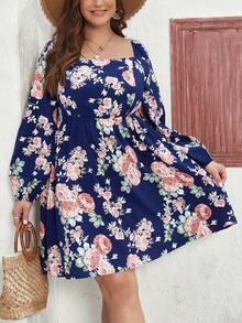 SHEIN VCAY 大碼女士花朵印花方領長袖夏季裙裝 - 彩色 - 查看 5