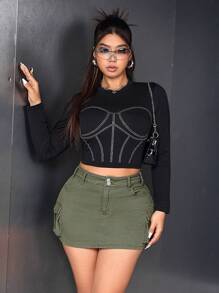 SHEIN ICON 大尺碼女士工作服牛仔裙帶口袋 - 軍綠色 - 查看 6