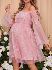 SHEIN Maternity Pink Off-shoulder Mesh Dress - Pink - View 1