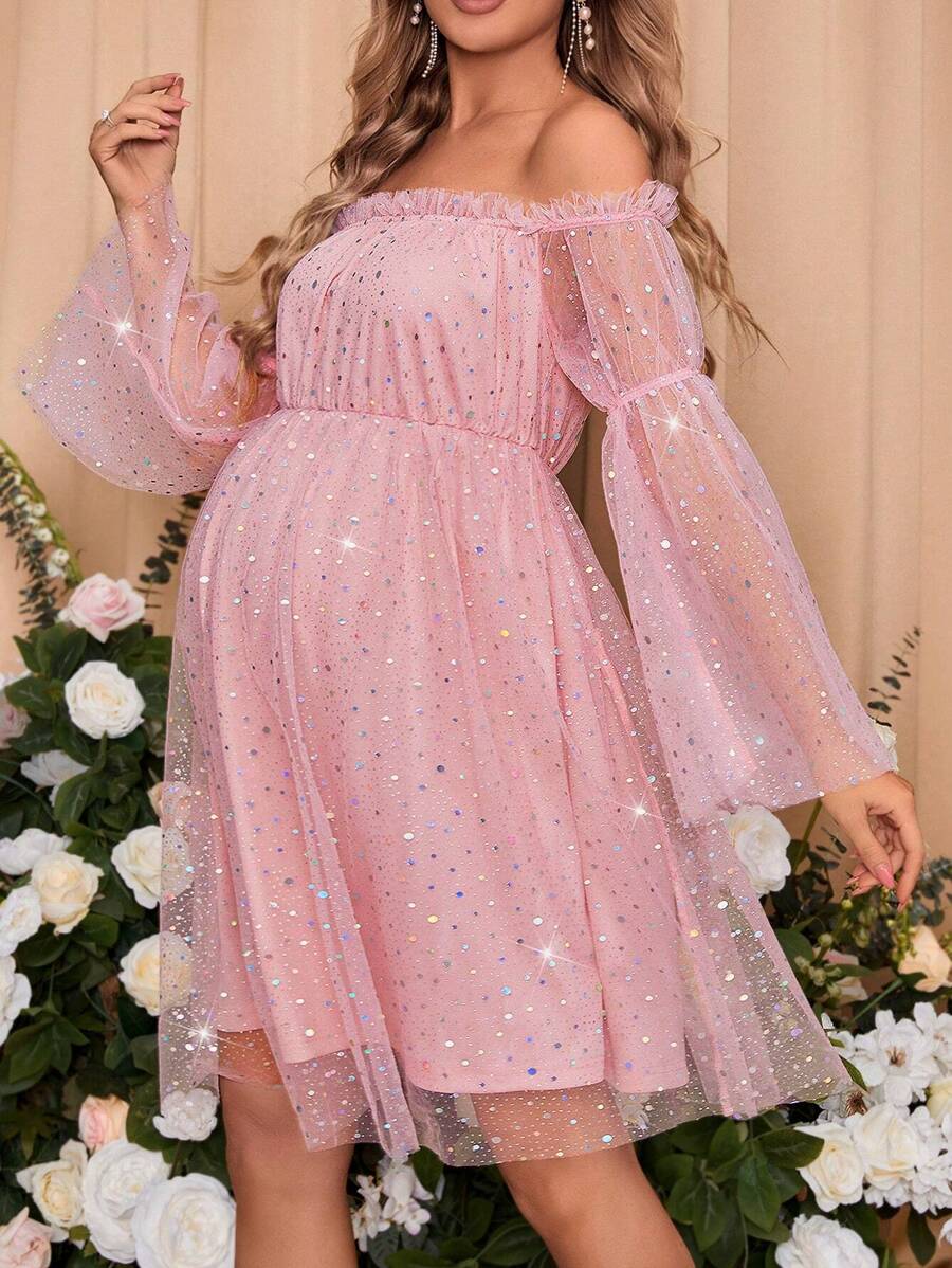 SHEIN Maternity Pink Off-shoulder Mesh Dress - Pink - View 1