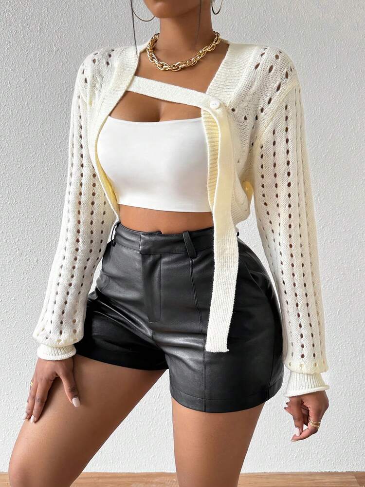 Ladies' Hollow Out Knit Cropped Cardigan With Open Front