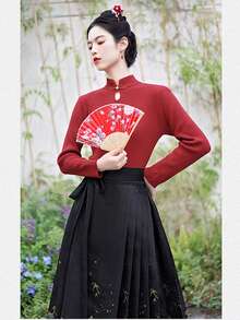 Slim Fit Long Sleeve Sweater Top, Suitable As Base Layer For Hanfu Chinese Traditional Wear, Fall/Winter - Red - View 6