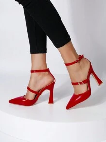 女性尖頭紅色高跟鞋，尖頭針跟和漆皮，適用於派對 - 紅色 - 查看 2