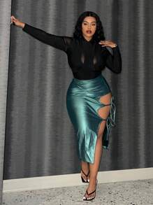 Slaydiva Plus Size Mesh Insert Long Sleeve Bodycon Bodysuit - Black - View 3