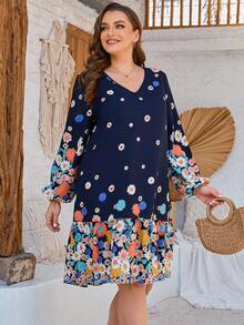 大尺碼女款荷葉邊花卉印花洋裝 - 藍色 - 查看 4