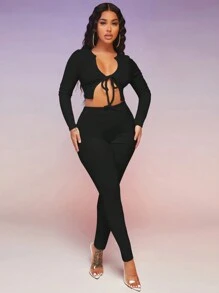 SHEIN SXY 女式正面打結短上衣和緊身褲套裝