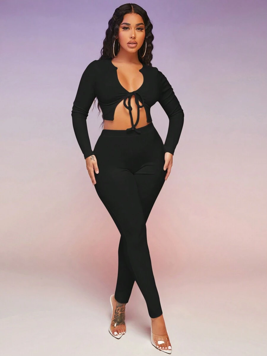 SHEIN SXY 女式正面打結短上衣和緊身褲套裝