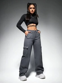 SHEIN ICON Women's Loose Fit Denim Jeans With Flap Side Pockets - Dark Grey - View 3