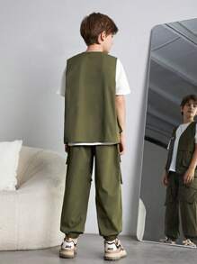 SHEIN 2pcs Teen Boys' Loose Fit Casual Woven Vest With Pockets, Tapered Leg Pants Set, Workwear Pockets, Oversized, Korean-Japanese Style, Simple & Versatile - Army Green - View 5